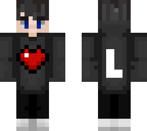 black hair, heart, l, black hoodie, slacks skin
