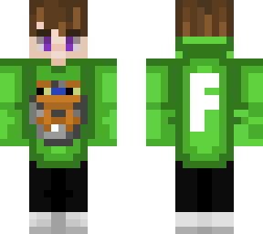 frog, f on back, purple eyes. green hoodie, brown hair