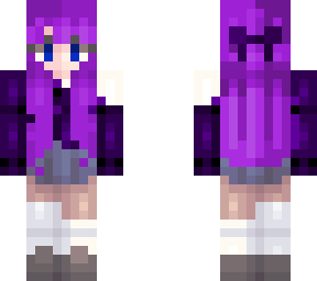 purple hair blue eyes, deep purple top