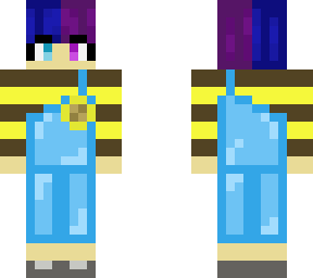 split coloured hair girl with buns, overalls, and bee shirt