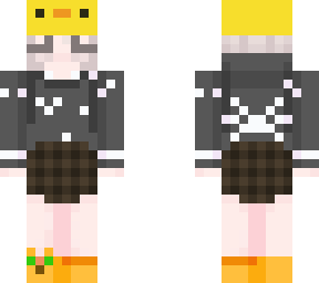 female gray hoodie and little duck hat