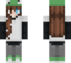 heterochromia, brunette girl, black white hoodie, frog hat , green trainers