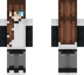 heterochromia, brunette girl, black with hoodie, grey trousers, black trainers