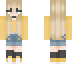 yellow shirt with jean shorts blond girl