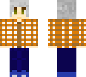 gray hair orange shirt blue jeans