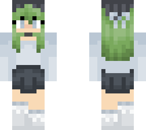 green haired girl wearing puffy blue sweater