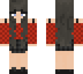 cute girl, with red shirt, black skirt and black shoes, brown hair, blue eyes