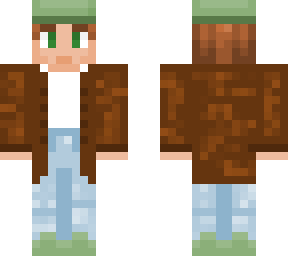 green hat with brown cardigan and levi 501"s