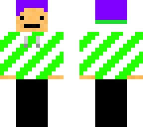 purple haired noy in white and green striped hoodie.