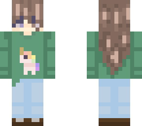 unicorn sweater person with long hair blue/brown eyes cute