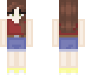 red shirt, blue shorts, yellow sho