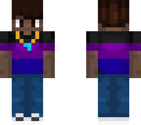 black, purple, blue shirt and necklace