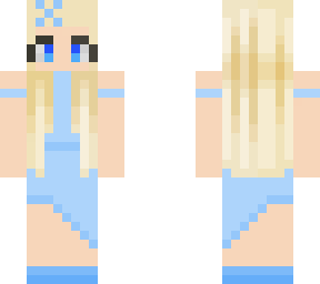 blond hair, blue dress