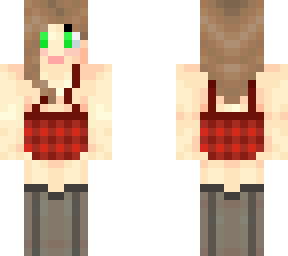 girl with red plad skirt and peach shirt