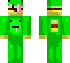 burger with a frog onesie and a frog on its head