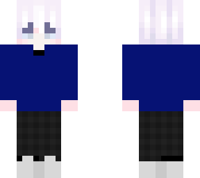 boy white hair black pants white shoes blue shirt