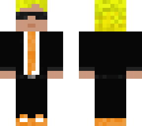 black suit with orange tie