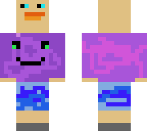 duck in purple shirt and blue shorts