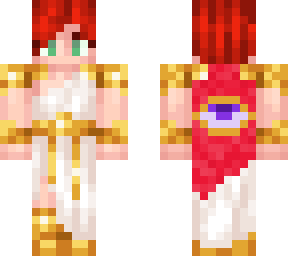 red head with white toga and golden armor