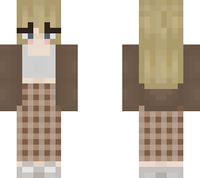 girl with long blond hair in a sweater jacket and plaid pants