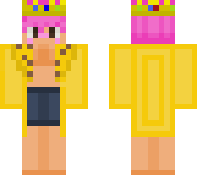someone wearing a gold cheetah robe and has pink hair