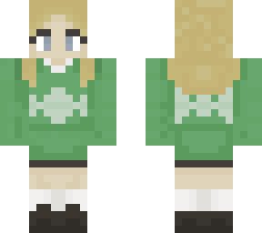 blonde girl with a green vintage sweater.