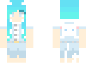 blue dressed maid demon girl with cute bunny backpack and teal hair