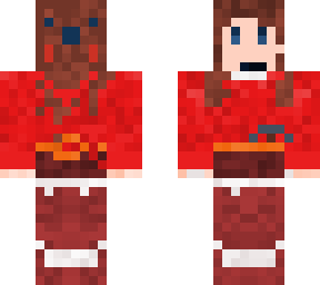 miner brunette with red top