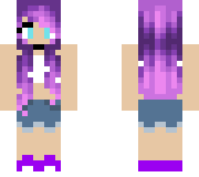 purple hair| white shirt| jean shorts|