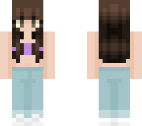 . brunette with purple tube top and cuffed jeans