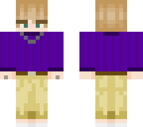 purple shirt and khaki trousers
