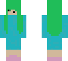 green haired girl with blue sweater