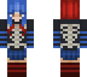 skull shirt and red/blue hair matching (goth)