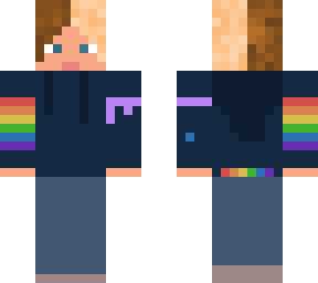 navy blue lgbt flag sleeve with cancer ribbon, grey shoes and dark pants