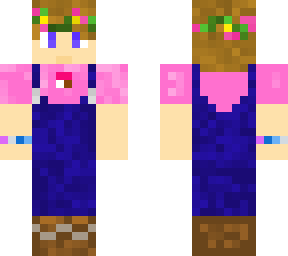 pink shirt/overalls/flower crown