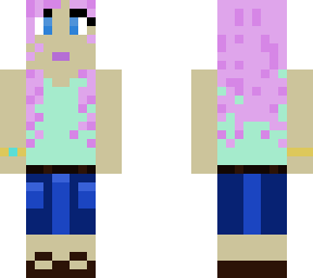 beach girl, jean skirt, aqua-green shirt, sandals, pink hair