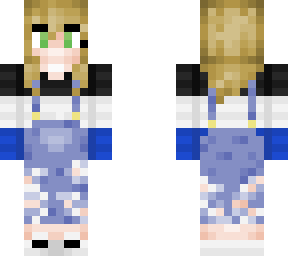 blond girl with empire sweater and ripped overalls