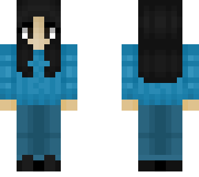 black haired girl in a blue sweater