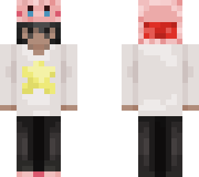 kirby hat with white shirt and short hair.