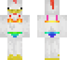 chicken with a rainbow swimsuit