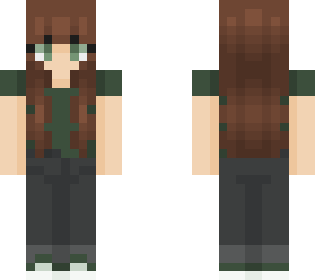 . brunette green shirt grey/black jeans