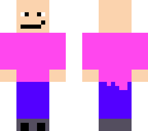 bald man with a pink shirt and blue pants