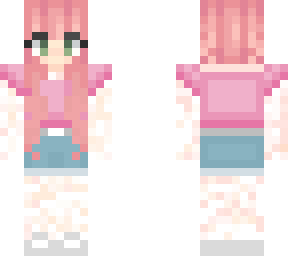 pink haired girl with pink shirt and blue jean shorts