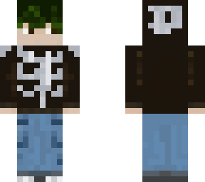 green hair skelton hoodie blue pants