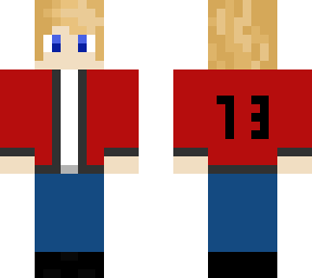13 red jacket blue jeans blonde hair blue eyes