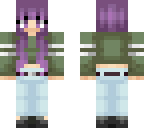 purple hair with sweater and light jeans