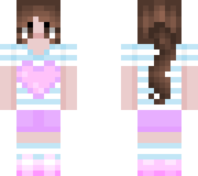 pastel girl brown long ponytail shorts striped shirt pink blue white brown eyes