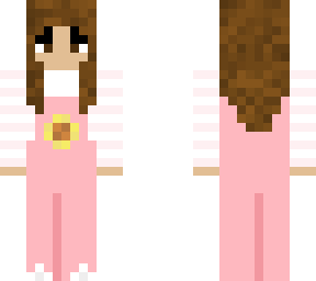 brown hair with pink overalls