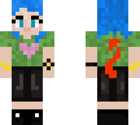 cute devil blue hair girl in green shirt black jeans and black boots