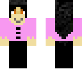 black pants-crop-pink=buttons-black hair-hazel eyes